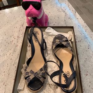 GUCCI
 GG Canvas and Leather  Wedges